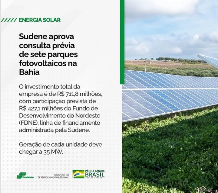 Sudene aprova consulta prévia de sete parques fotovoltaicos na Bahia